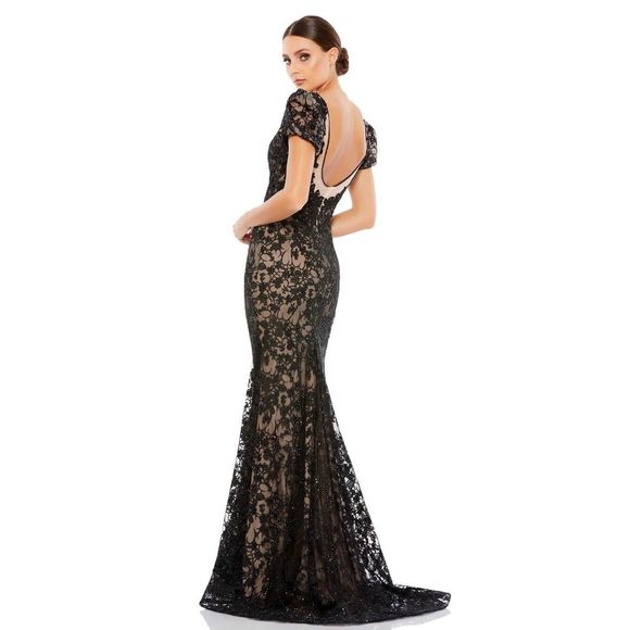 Mac Duggal 50644 Lace Plunge Neck Short Sleeve Trumpet Gown Size 12 Black $698 - Picture 2 of 9